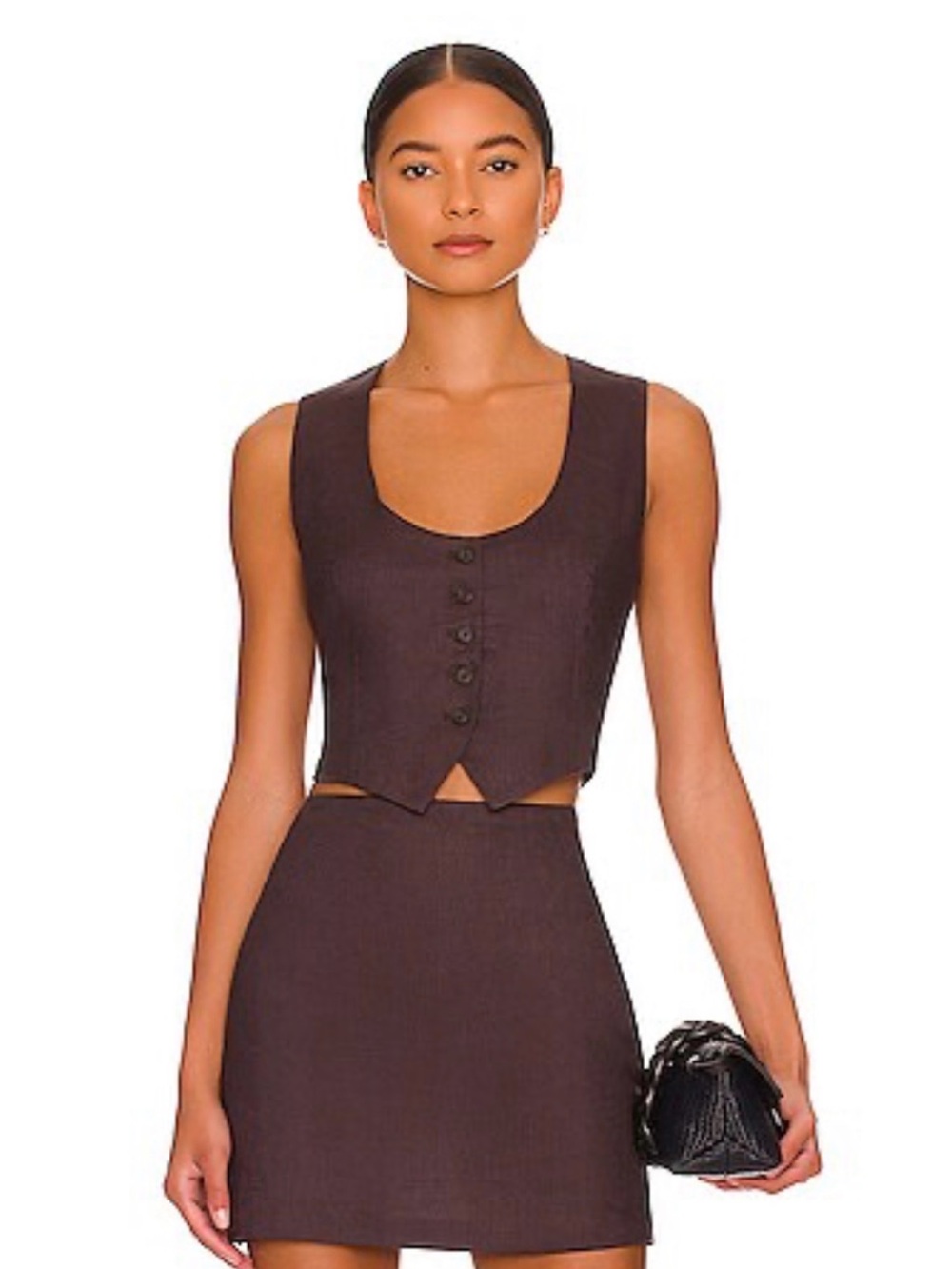 L'Academie Dark Brown Scoop-Neck Button Crop Comilly Vest in Carob